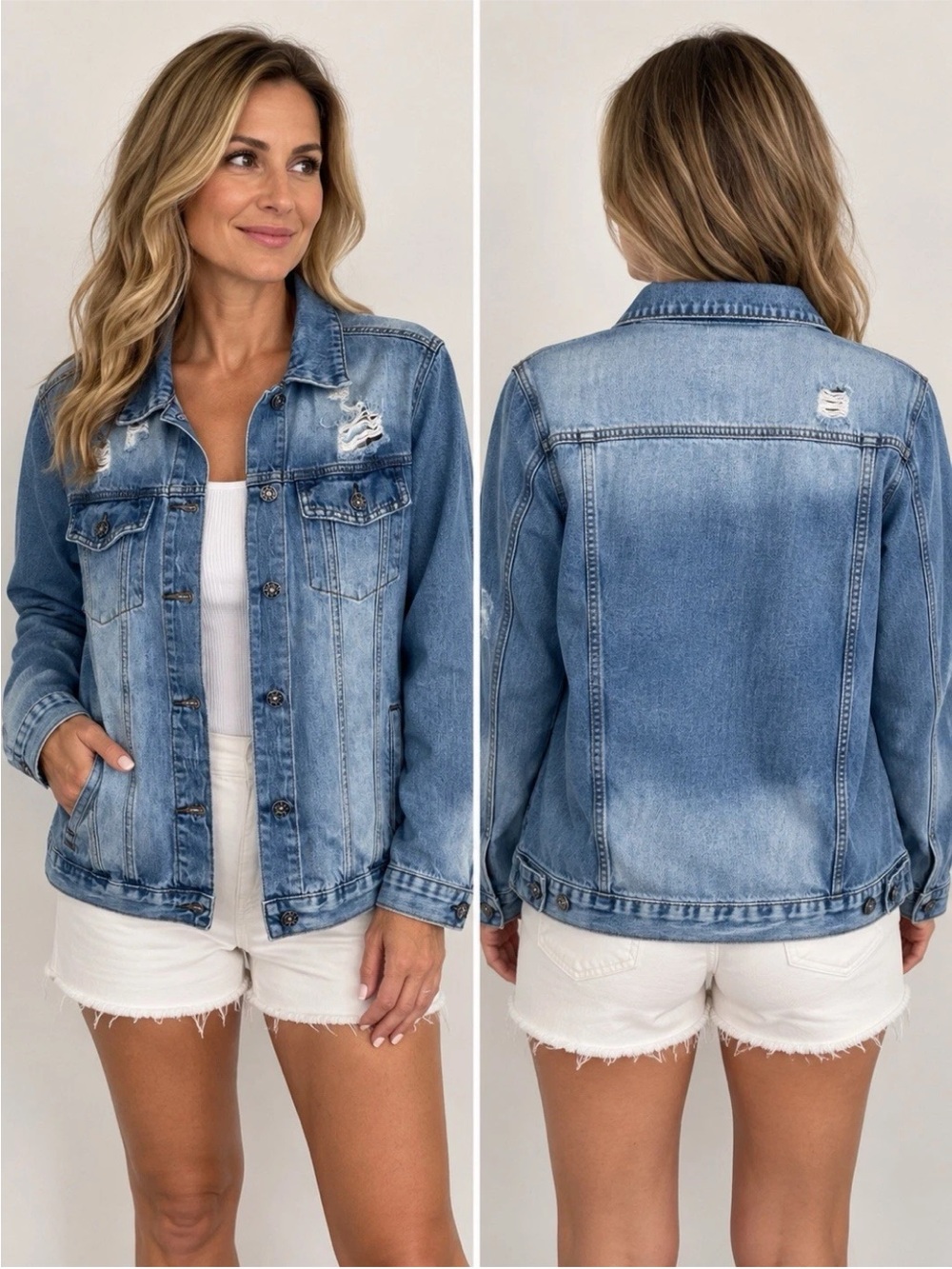 Risen Los Angeles Womens Denim Jacket Large Light Wash Distressed NWT Jean